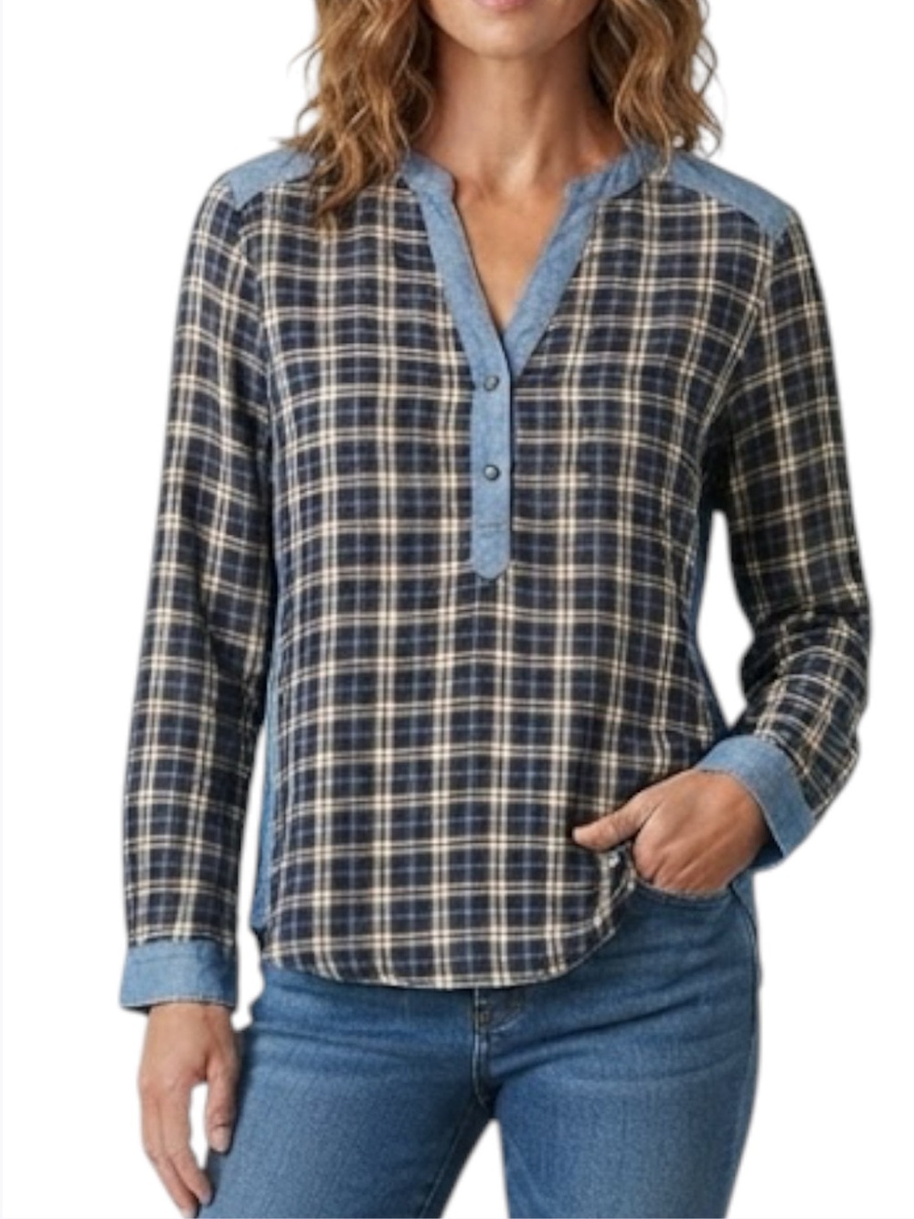 ANTHROPOLOGIE EN CREME Bohemian Blue Denim Flannel Plaid Mixed Media Shirt Large